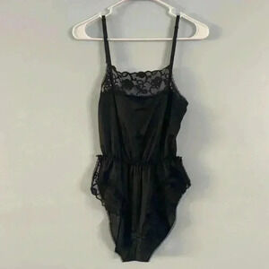 Vintage 70s 80s Lingerie Satin Sexy High Leg With Lace Black Size Medium M